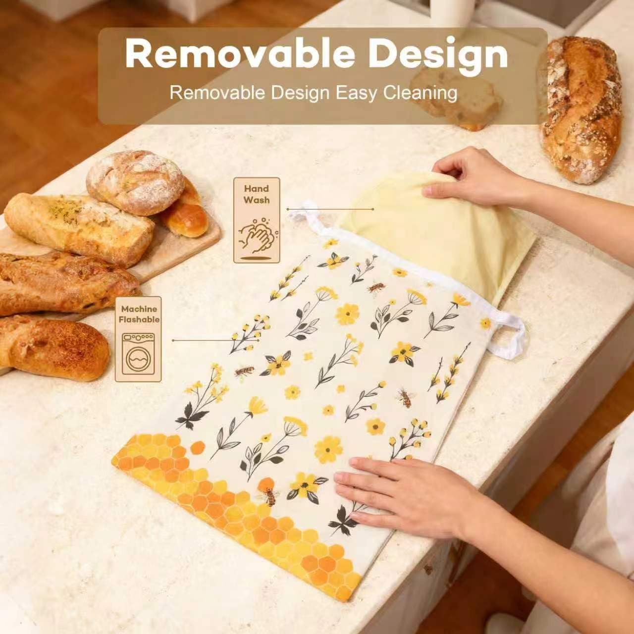 Reusable Beeswax Bread Bags for Homemade Bread & Sourdough, 2 Removable Natural Beeswax Storage Bags and 1 cotton hand pocket, Food-Safe Storage Bag to keeping Loaves fresh longer
