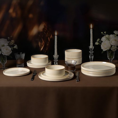 ALOFMO Stoneware Dinnerware Sets, Plates and Bowls Sets for 4, 12-Piece Ribbed Dishes – Chip & Scratch Resistant, Microwave and Dishwasher Safe Tableware, Beige
