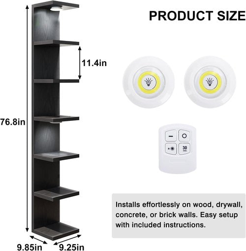 Fixwal 7-Tier Wall Mounted Floating Shelves - Stylish Home Decor with LED Lights | Black Finish