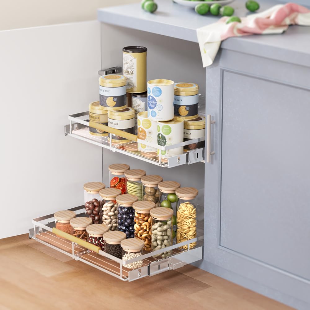 MIYUPTC Pull Out Cabinet Organizer 2Pack, Heavy Duty Slide Out Pantry Shelves, Sliding Drawer Pantry Shelf for Kitchen, Living Room, Home, 14.16''-24.16''W x 17.3''D