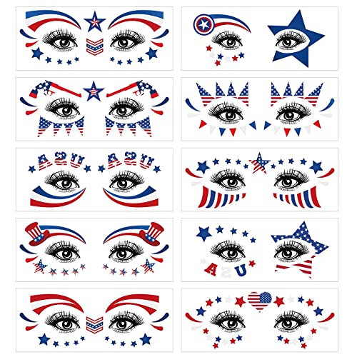 10-Pack Fourth of July Temporary Face Tattoos Patriotic Party Supplies