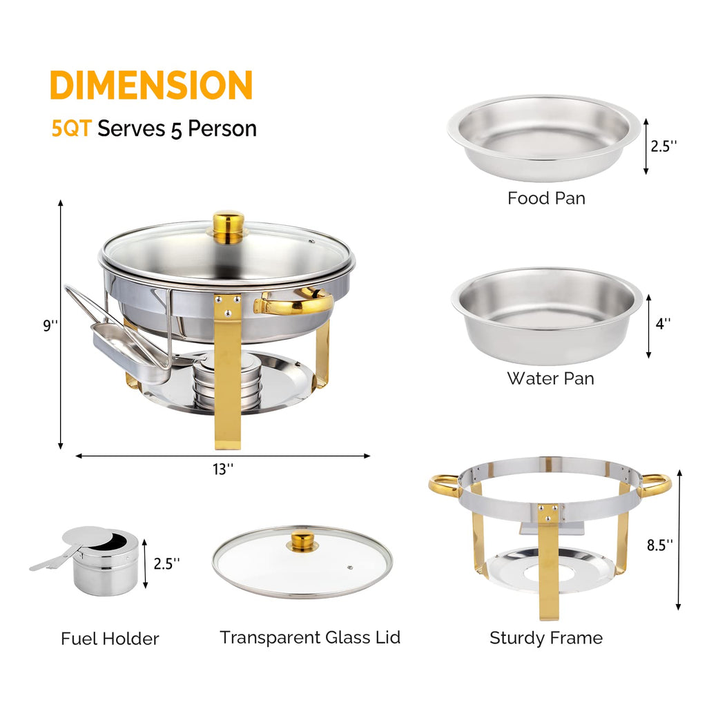 ROVSUN 5QT 2 Packs Chafing Dish Buffet Set Gold Accent, NSF Round Stainless Steel Buffet Warmer Chafers and Buffet Warmers Sets with Glass Lid & Lid Holder for Catering Events Parties Weddings Dinners