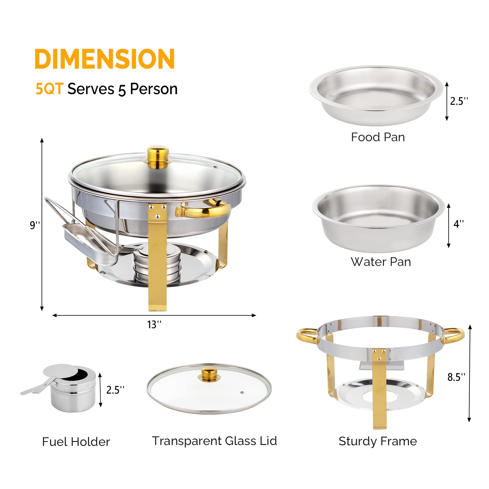 ROVSUN 5QT 2 Packs Chafing Dish Buffet Set Gold Accent, NSF Round Stainless Steel Buffet Warmer Chafers and Buffet Warmers Sets with Glass Lid & Lid Holder for Catering Events Parties Weddings Dinners