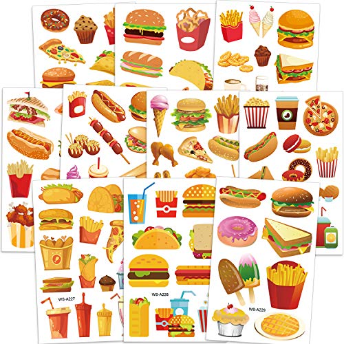 Konsait Fast Food Temporary Tattoos for Kids, 10 Sheets Waterproof Fake Tattoo Stickers for Birthday Party Favors