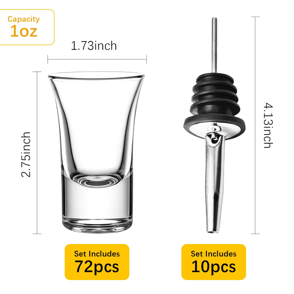 SUN GKOTTA 72-Pack 1 OZ Glass Shot Glasses set with 10 Pourers - Heavy Base shot Glasses bulk for Bar, Party, and Gifts