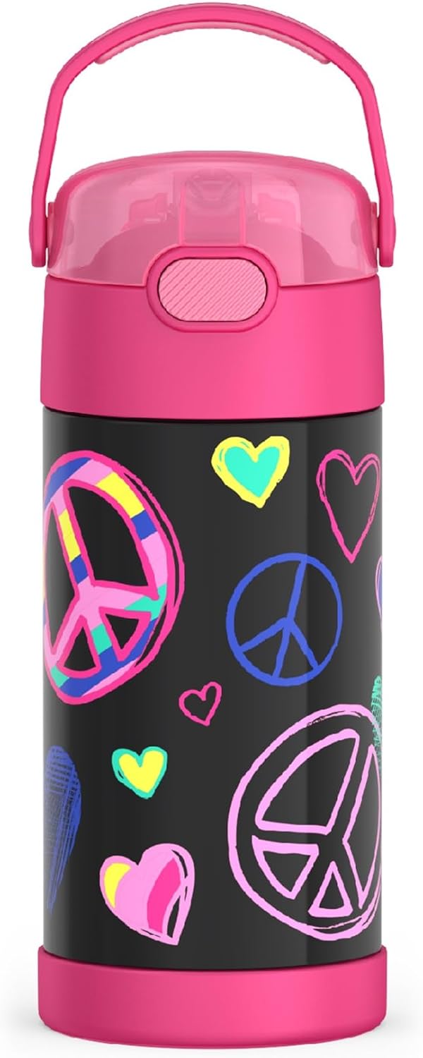 THERMOS FUNTAINER Water Bottle - 12 Ounce Kids Stainless Steel Vacuum Insulated with Straw | Peace Design