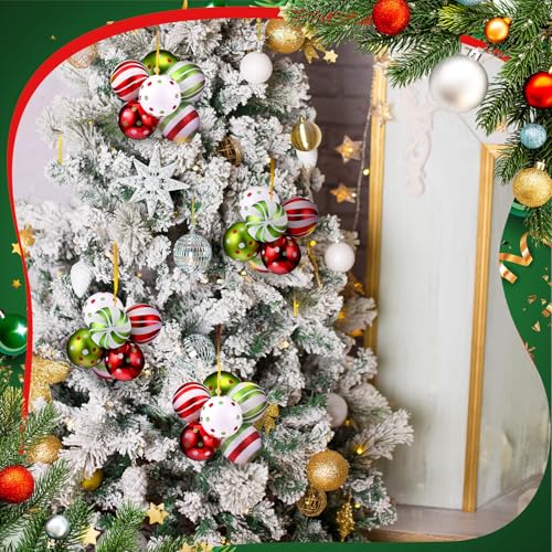 Christmas Ball Ornaments Set - Red White Green Cute & Shatterproof, 24 Pcs with Clusters & Ribbons