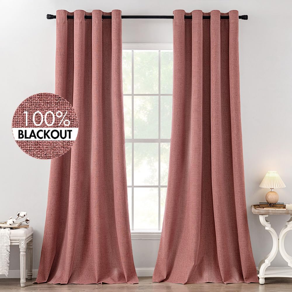 MIULEE Blackout Linen Textured Curtains - Thermal Insulated Room Darkening Drapes, Dusty Rose, 52 x 120 Inch (2 Panels)