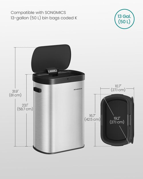 SONGMICS Motion Sensor Trash Can, 13-Gallon (50 L) Automatic Garbage Can with Soft Close Lid, Stainless Steel, Wave or Touch to Open, Includes 15 Bags, Metallic Silver and Ink Black ULTB640E01