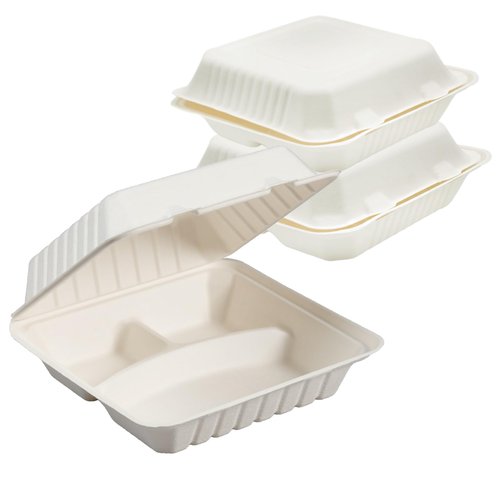 100% Compostable 3 Comp Take Out Food Containers 9x9x 3. 200 Containers, Natural Disposable Bagasse, Eco-Friendly Biodegradable Made of Sugar Cane