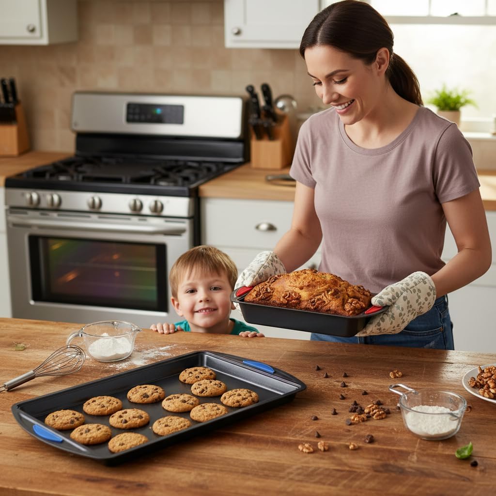 NutriChef 10-Piece Nonstick Bakeware Set - Heavy Duty Carbon Steel with Silicone Handles | Includes Cookie Sheets, Muffin Pan, Pizza & Loaf Pans