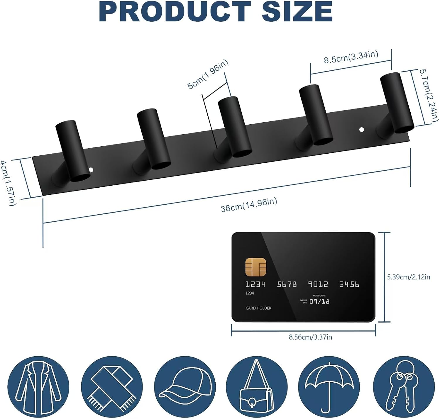 VAEHOLD Wall Mount Rack - 5 Hook Black Hat and Coat Organizer for Robes, Bags, Keys, Towels