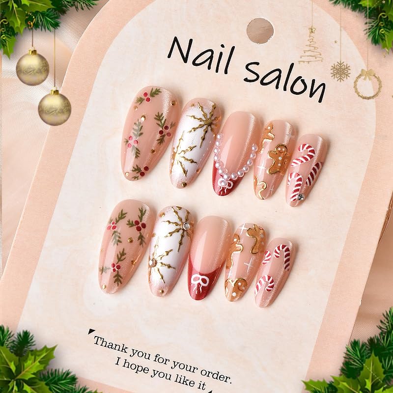 Christmas Press on Nails Long Almond Fake Nails Festive Holiday Design