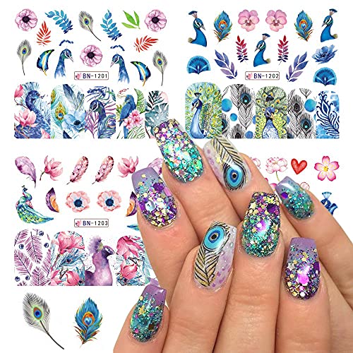 CHANGAR Peacock Feather Nail Stickers - 12 Sheets Water Transfer Decals