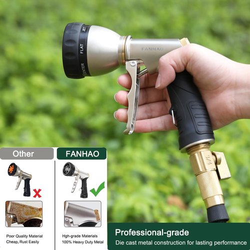 FANHAO Heavy Duty Metal Garden Hose Nozzle - 7 Spray Patterns & Ergonomic Handle for Efficient Watering