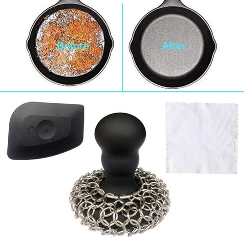 316 Chainmail Scrubber by [Brand Name] - Ergonomic Silicone Handle for Easy Cast Iron Cleaning | Dishwasher Safe, Black