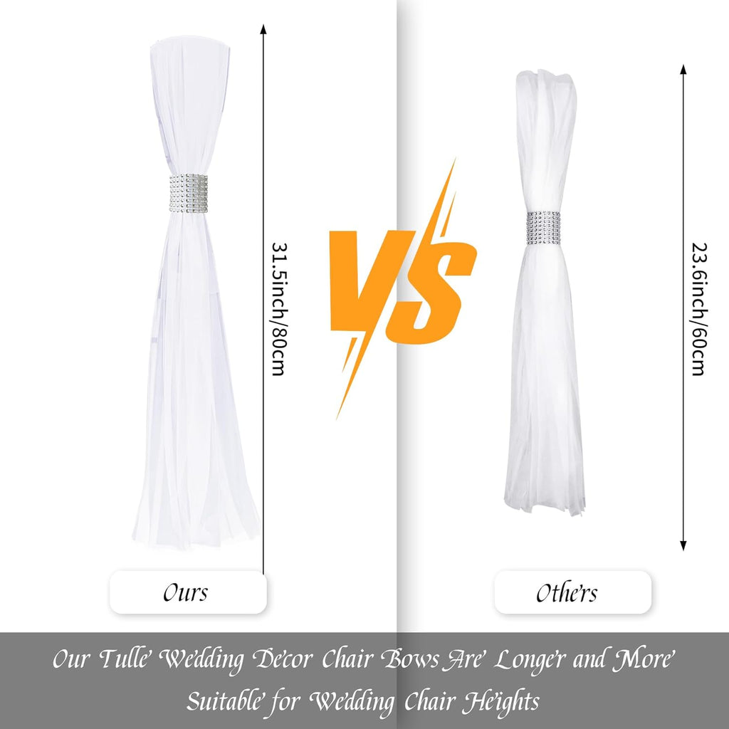 Skiennix 26 Sets Large White Pew Bows - Tulle Wedding Aisle Chair Decorations for Ceremonies