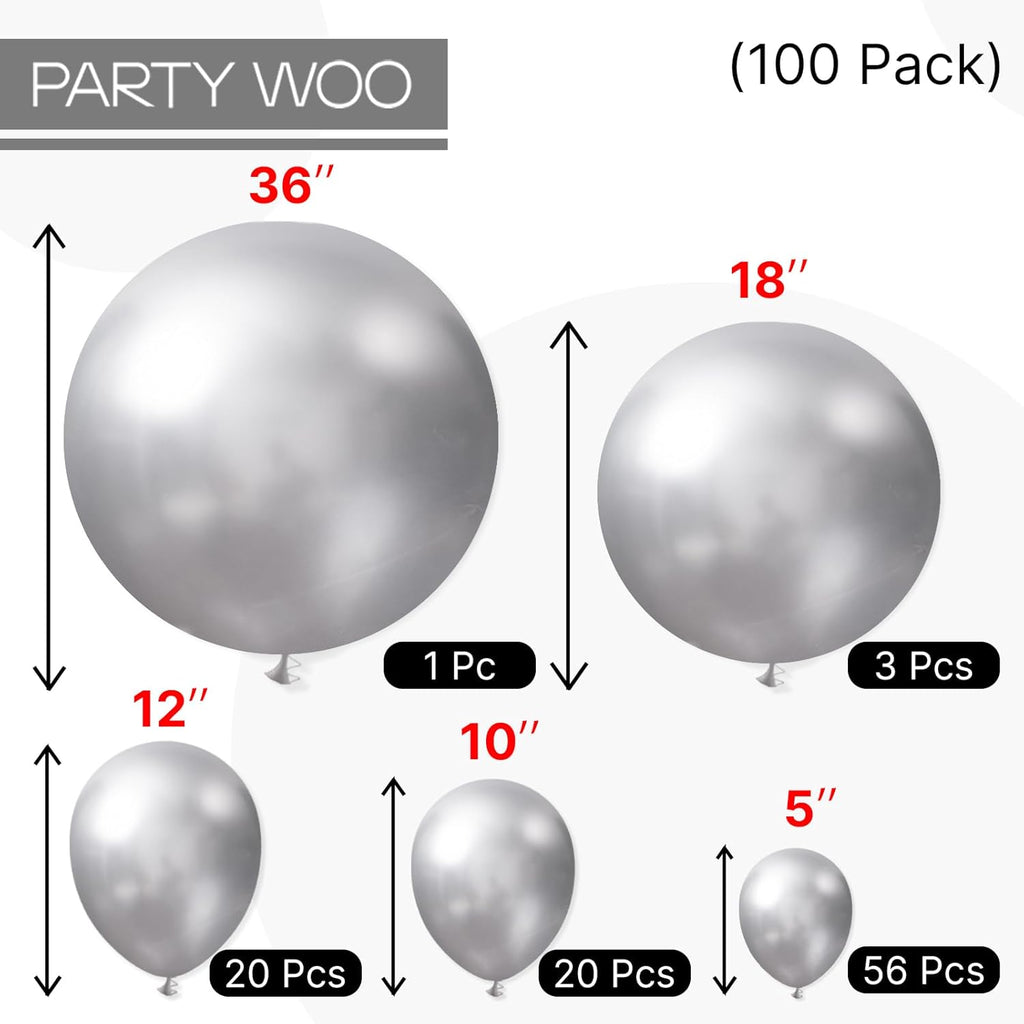 PartyWoo Silver Balloon Arch Kit - 100 Pcs in 5 Sizes for Birthday, Graduation & Engagement Decor | Silver-G102