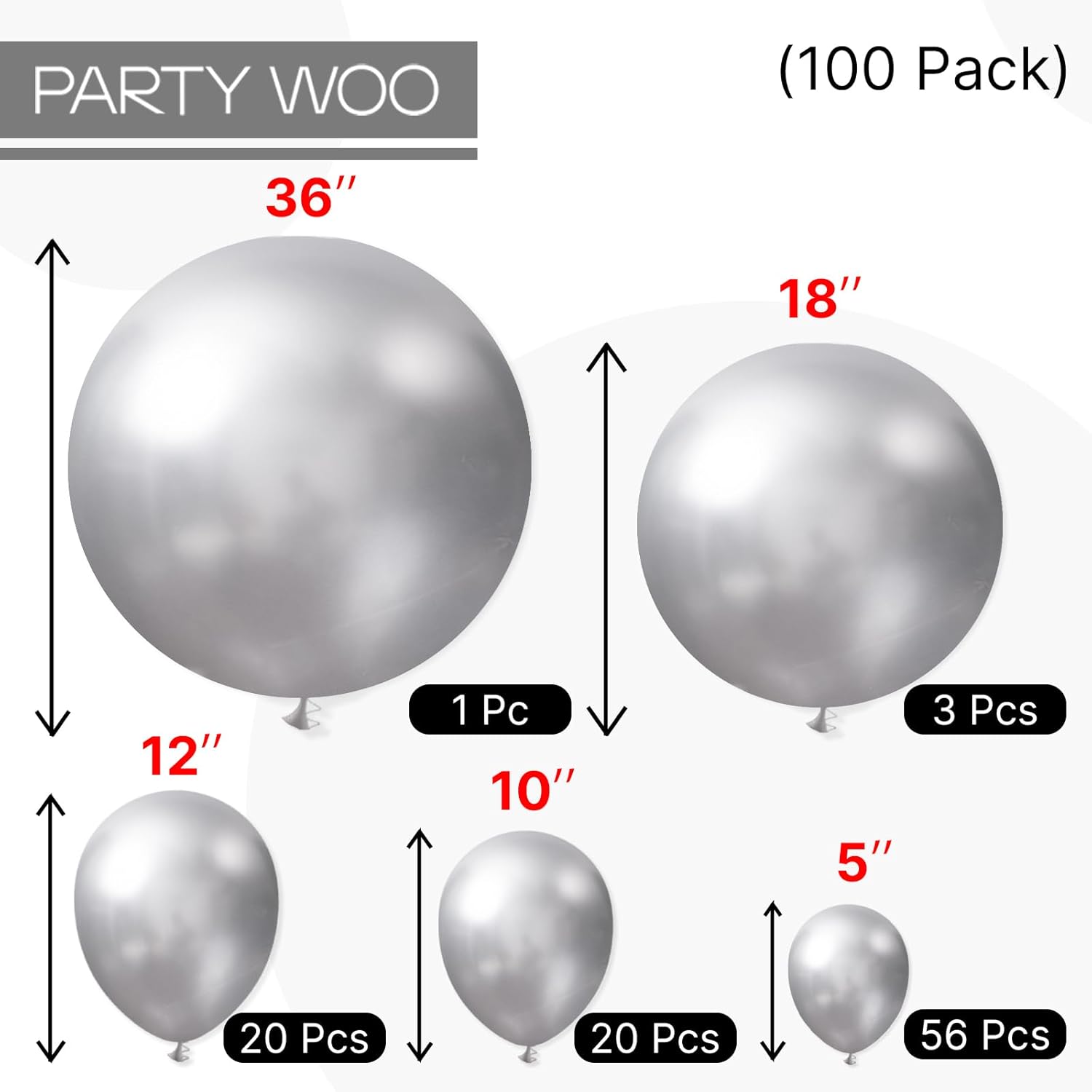 PartyWoo Silver Balloon Arch Kit - 100 Pcs in 5 Sizes for Birthday, Graduation & Engagement Decor | Silver-G102