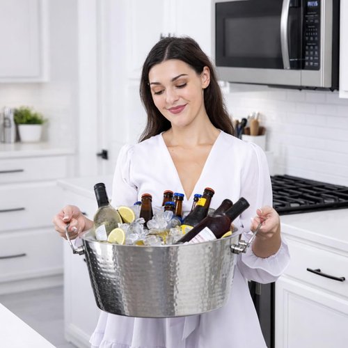 BREKX Hammered Stainless-Steel Beverage Tub, Double-Walled Insulated Anchored Drink Tub & Ice Bucket with Double Hinged Handles, Drink Chiller for Parties, 12 Quarts