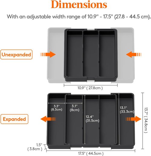 Lifewit Utensil Organizer - Expandable Kitchen Drawer Tray for Cutlery Storage | Adjustable 11-18 x 14", Black