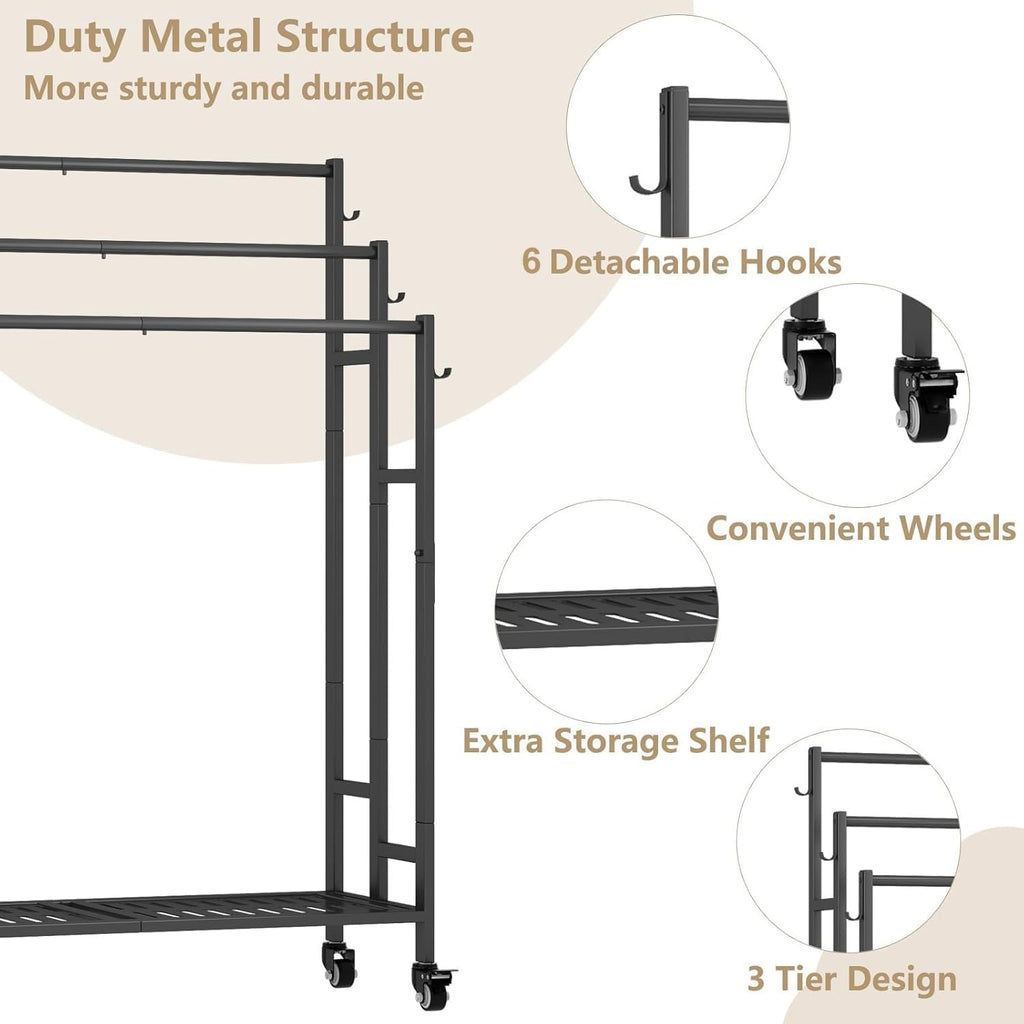 SORCEDAS Towel Rack 3 Tier Free Standing Metal Towel Stand with Storage Shelf and Wheel for Extra Large Towel Blanket Drying (Black)
