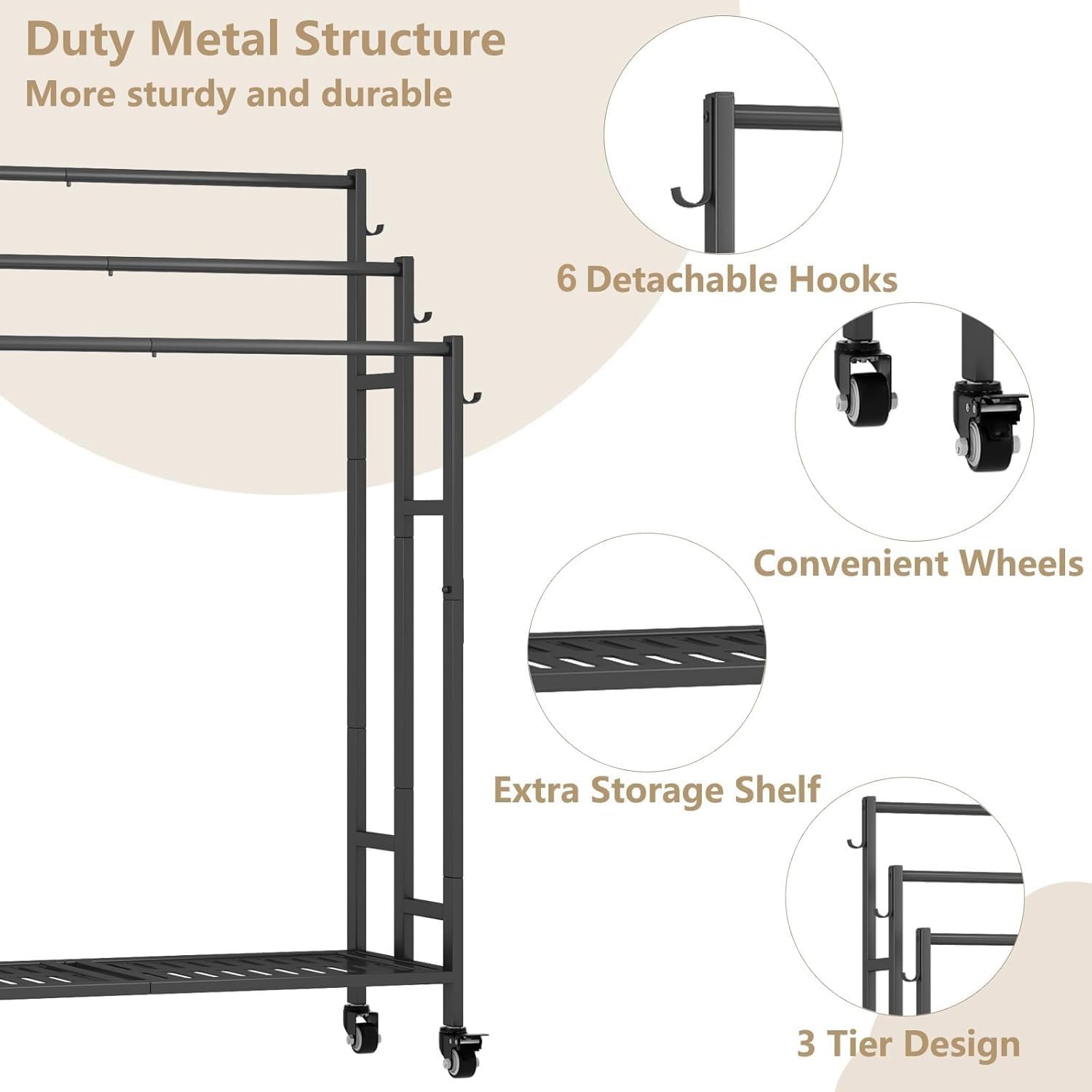 SORCEDAS Towel Rack 3 Tier Free Standing Metal Towel Stand with Storage Shelf and Wheel for Extra Large Towel Blanket Drying (Black)