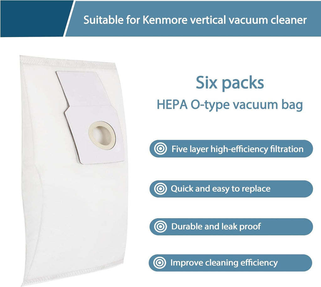 53294 Style O HEPA Cloth Vacuum Bags For Kenmore Progressive Upright Vacuum Cleaners 53293 50690 60510 31140 31150 BU1005 BU1018 Vacuum Cleaner Dust Replacement Bags (pack of 6 White)