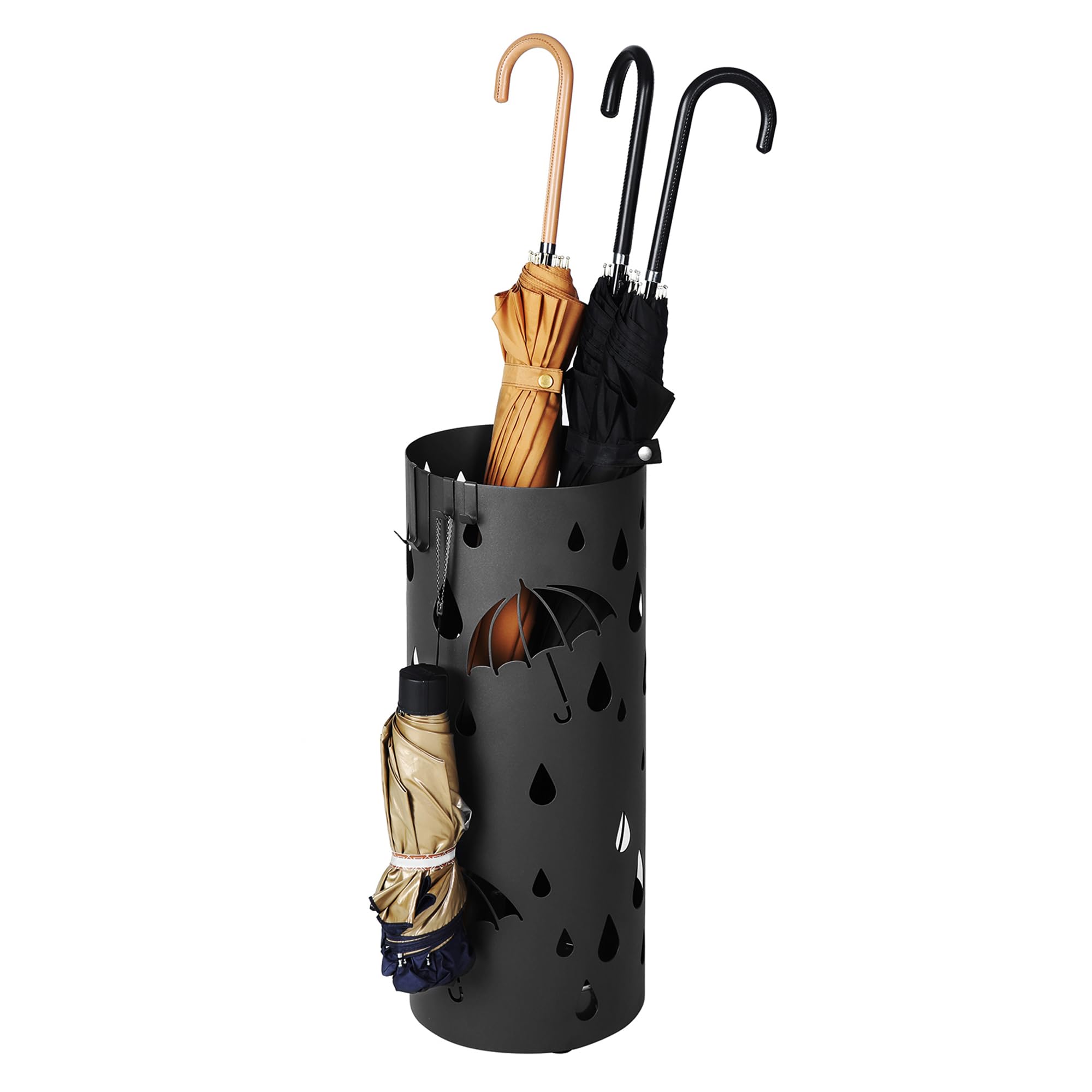 SONGMICS Umbrella Stand, Metal Umbrella Holder for Entryway, with Water Tray and 4 Hooks, 7.7 x 7.7 x 19.3 Inches, Round, Ink Black ULUC23B