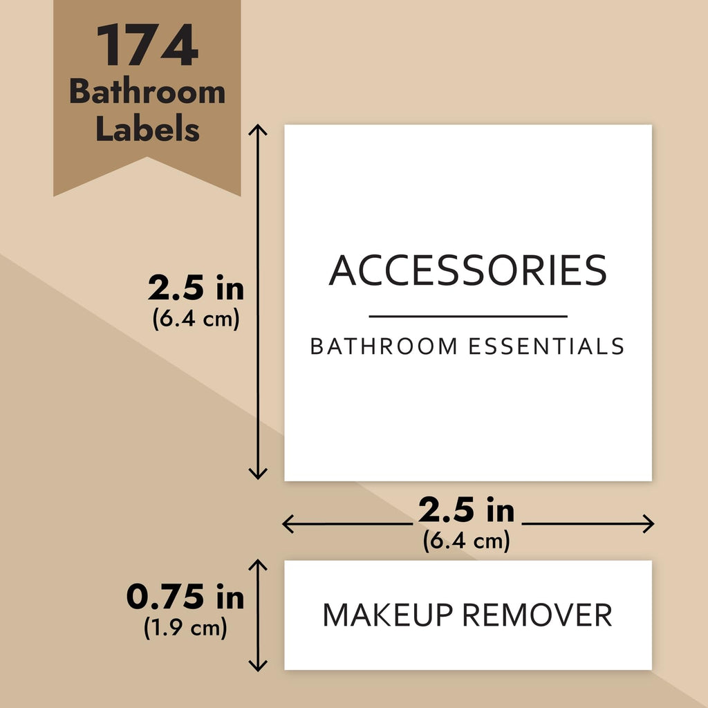 Talented Kitchen Minimalist Bathroom Labels for Organizing - 174 Labels, 2.5" x 2.5" & 2.5" x 0.75", Black on White - Stickers for Jars & Bottles - Water-Resistant for Medicine Cabinet