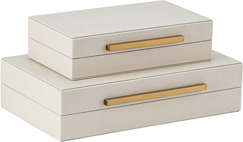 XIGEXIGE Faux Leather Jewelry Box Set - Large Stackable Nesting Organizers in Beige Shagreen with Gold Handles