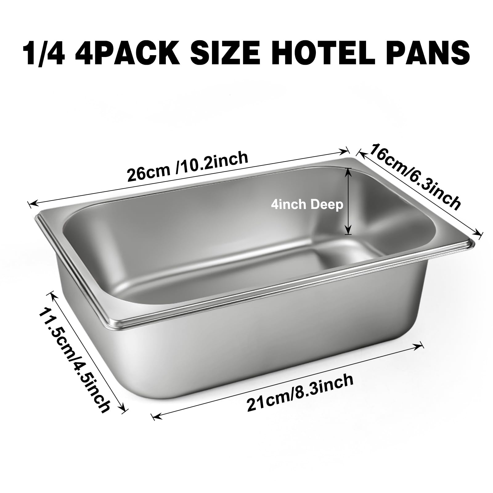 West Bay 4 Pack 1/4 Size Hotel Pan with Lids, 4'' Deep Steam Table Pan with Lid, 10.2''L x 6.3''W Stainless Steel Pans for Home, Party, Hotel, Buffet