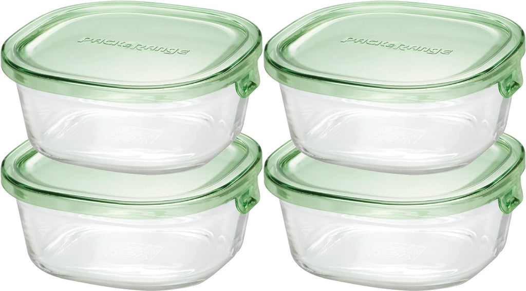 iwaki KC3240N-G Heat-resistant Glass Storage Container, Green, Square Shape, 15.9 fl oz (450 ml) x 4 Pieces, Rice, 1 Pair Pack & Range