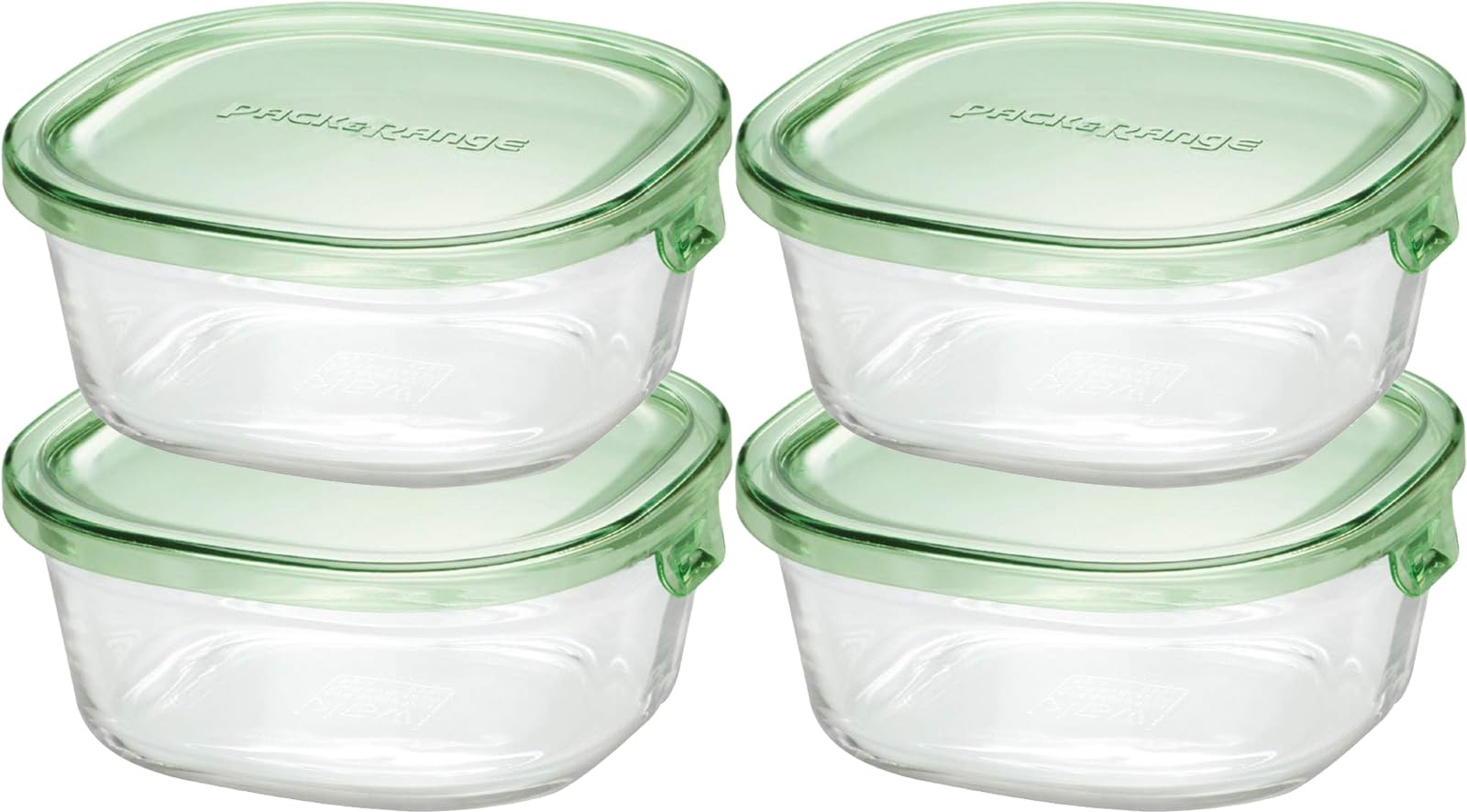 iwaki KC3240N-G Heat-resistant Glass Storage Container, Green, Square Shape, 15.9 fl oz (450 ml) x 4 Pieces, Rice, 1 Pair Pack & Range