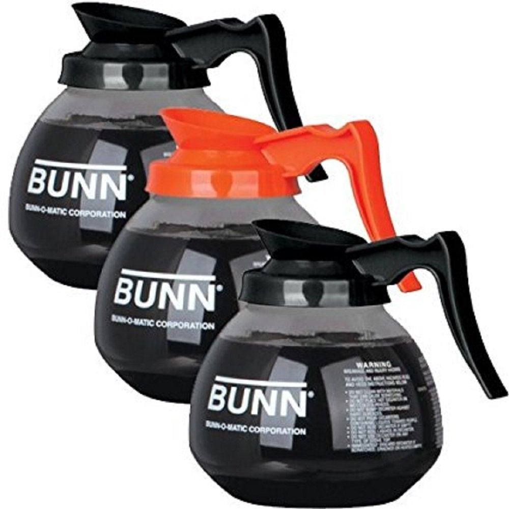 BUNN Coffee Pot Decanter/Carafe, 2 Black Regular and 1 Orange Decaf, 12 Cup Capacity, Set of 3