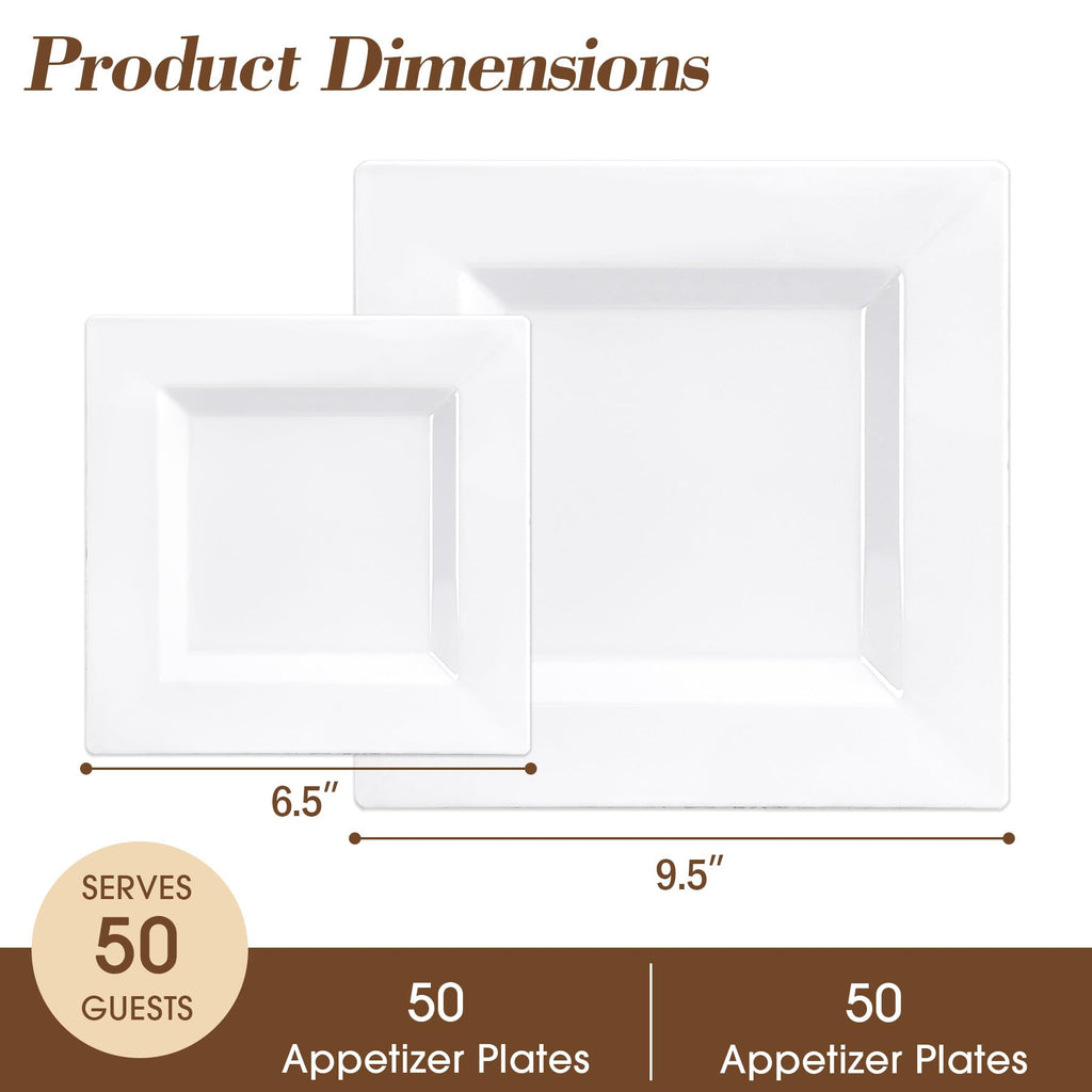 Pryntono 100 Pack White Square Plastic Plates, Includes 50 Dinner Plates 9.5" and 50 Dessert Plates 6.5", Heavy Duty Disposable Plates for Wedding, Holiday Party, Birthday, White