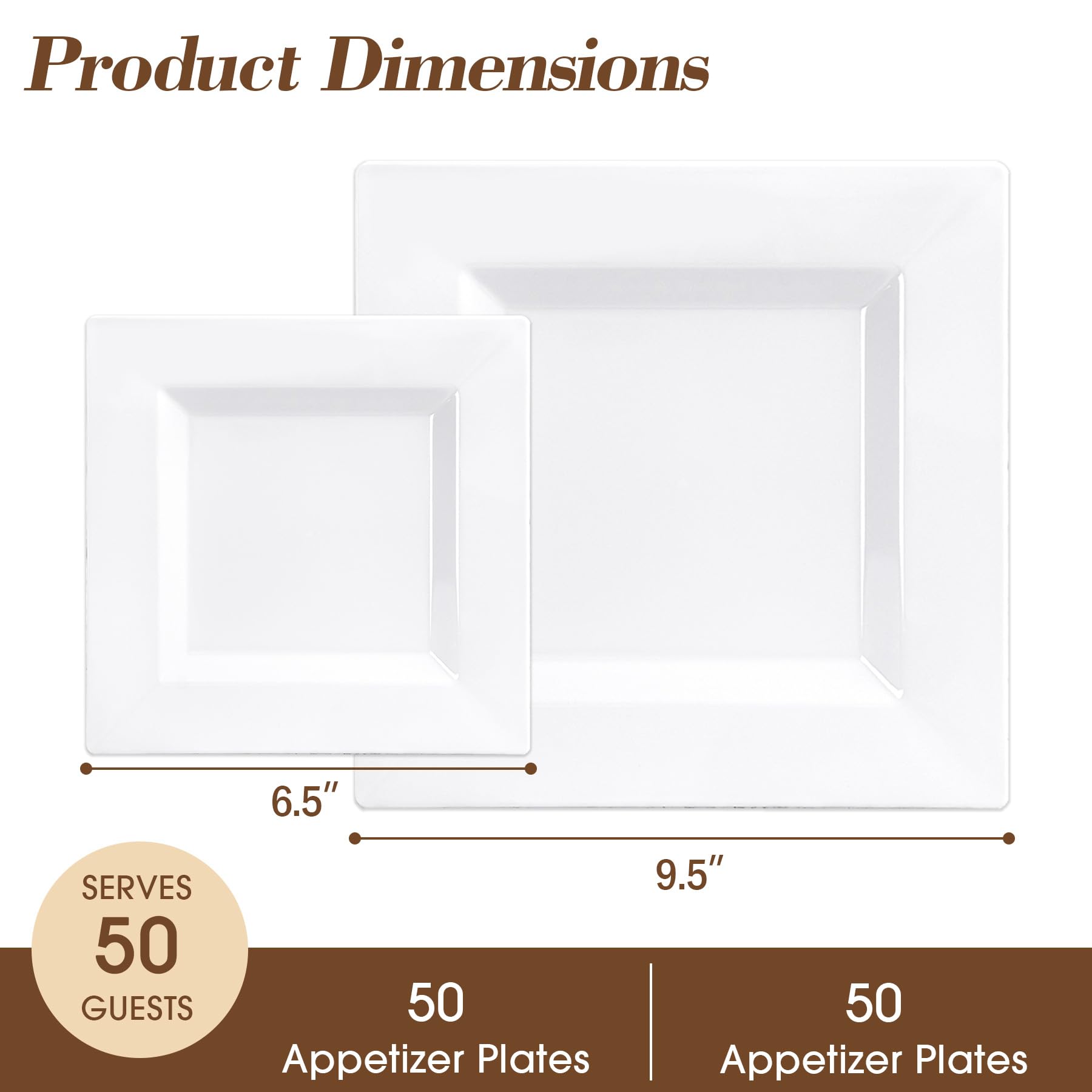 Pryntono 100 Pack White Square Plastic Plates, Includes 50 Dinner Plates 9.5" and 50 Dessert Plates 6.5", Heavy Duty Disposable Plates for Wedding, Holiday Party, Birthday, White