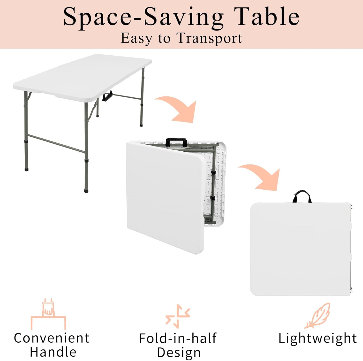Skiennix Folding Table - Lightweight Portable Plastic Design with Carrying Handle | 4 FT White for Indoor & Outdoor Events