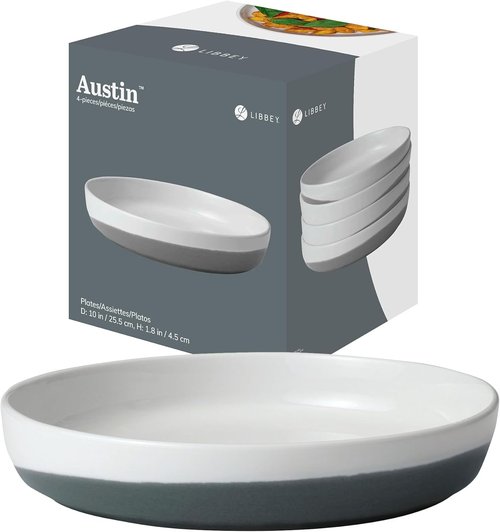Libbey Austin Blue Porcelain Dinner Plates - Set of 4 Coupe Style, Stackable for Daily Use & Holidays
