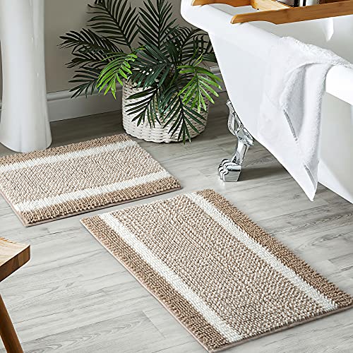 MILVOWOC Chenille Shaggy Bath Mat, 17x24 Inch, Non-Slip Khaki & White