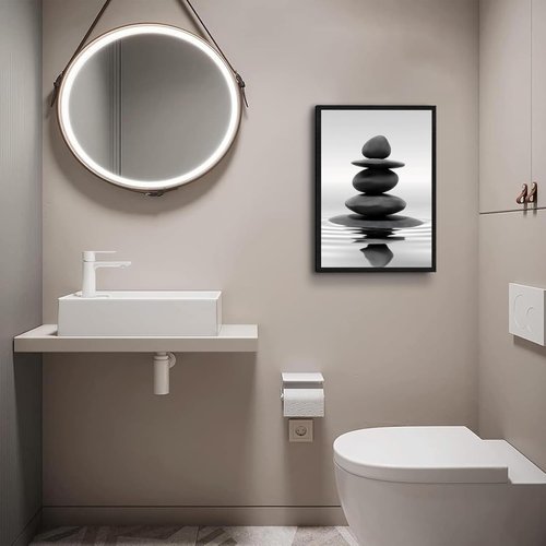 DCMVJHZV Framed Black and White Bathroom Wall Art - Zen Stones Meditation Print (12"x16") | Spa & Yoga Decor