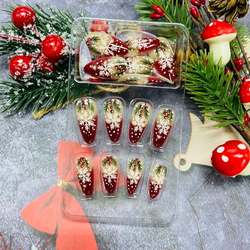 Christmas Press on Nails Medium Almond Red French Snowflake Fake Nails