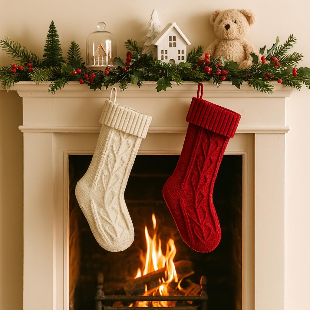 PUKUPIG 18 Inch White Christmas Stocking, Extra Large Cable Knit Holder, Xmas Stocking for Fireplace, Mantel, Festival Party or Wall Hanging