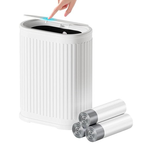 Figella 1.8 Gallon Bathroom Trash Can with Lid Press-Top, Small White Stainless Steel Garbage Can with Removable Inner Bucket, Slim Fit Narrow Spaces for Bedroom Office