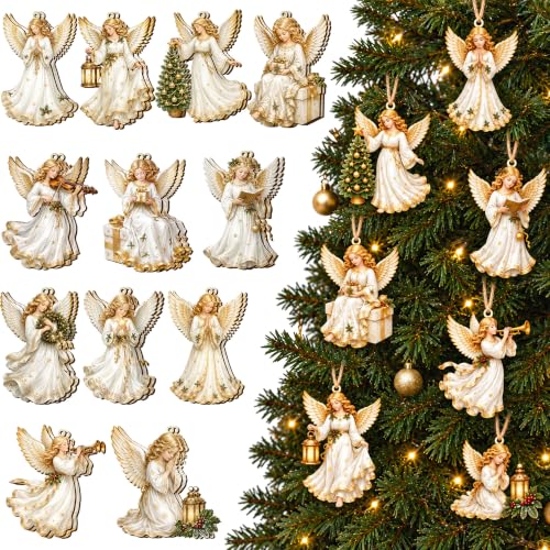24Pcs Wooden Christmas Angel Ornaments with Jute Rope - E Style