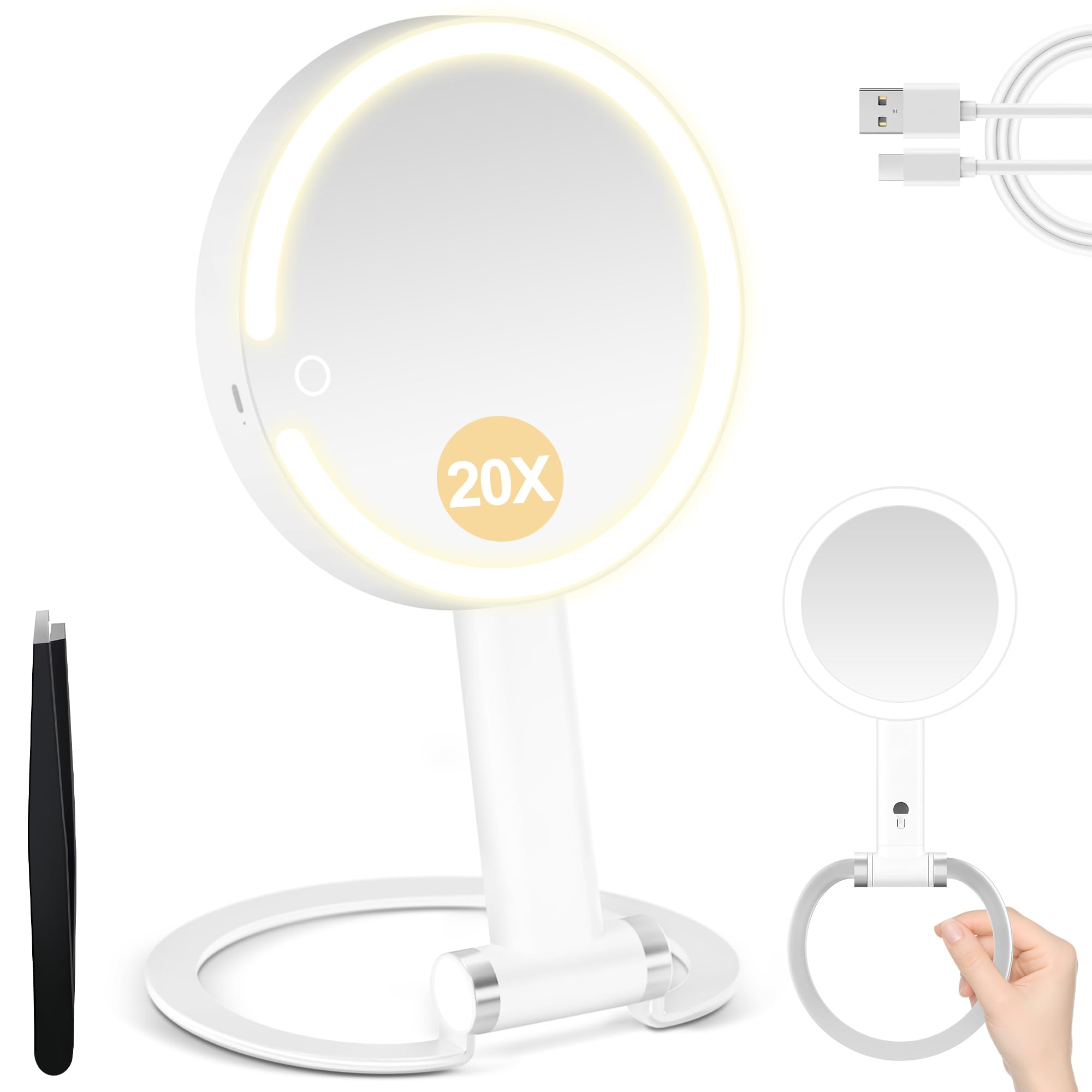 PEDOMIROR 20x Magnifying Mirror with Light, Travel Mirror with Light, Lighted Makeup Mirrors with Magnification, Hand Held Mirrors with Handle, Portable Tabletop, Suitable for Bathroom