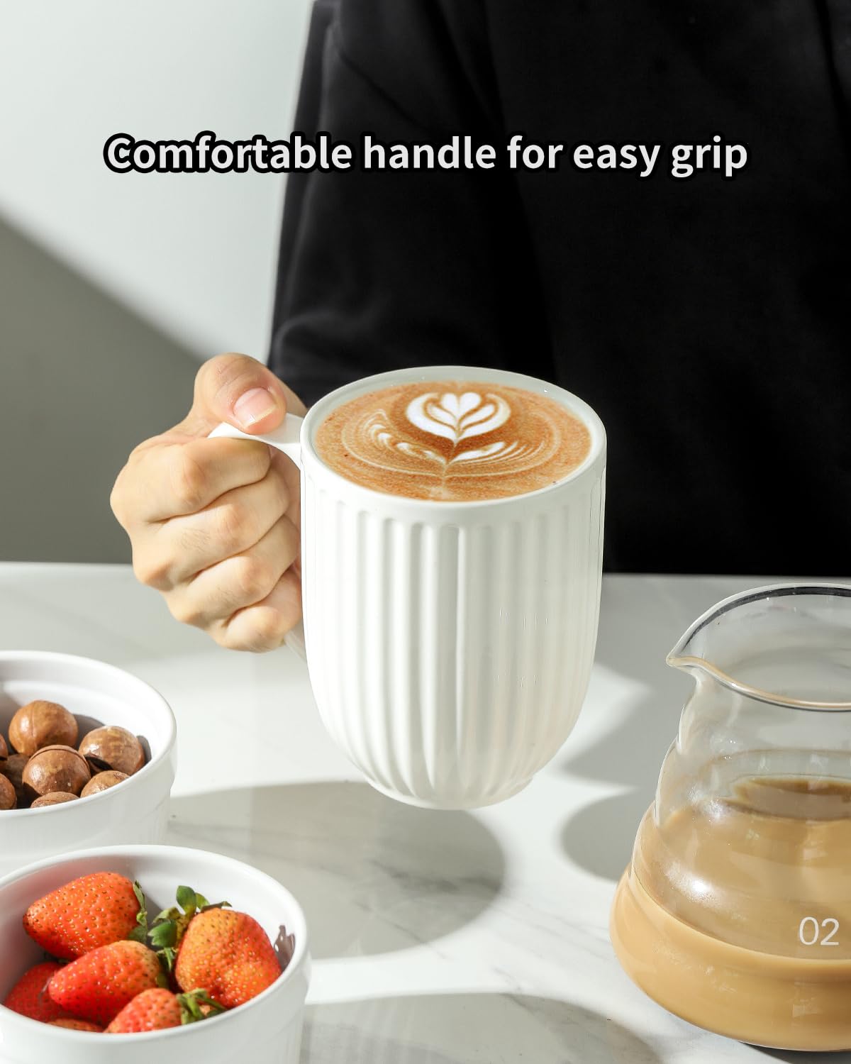 HASENSE Ceramic Coffee Mugs Set of 6, 16 Oz Large Ribbed Coffee Cups with Big Handle, Unique Modern Style White Latte Mugs for Tea,Cocoa,Milk,Cappuccino, Microwave & Dishwasher Safe