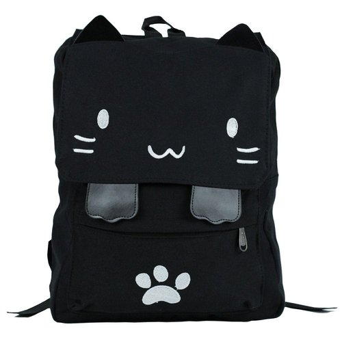 DemonChest Black College Cute Cat Embroidery Canvas School Backpack Bags for Kids Kitty(White)