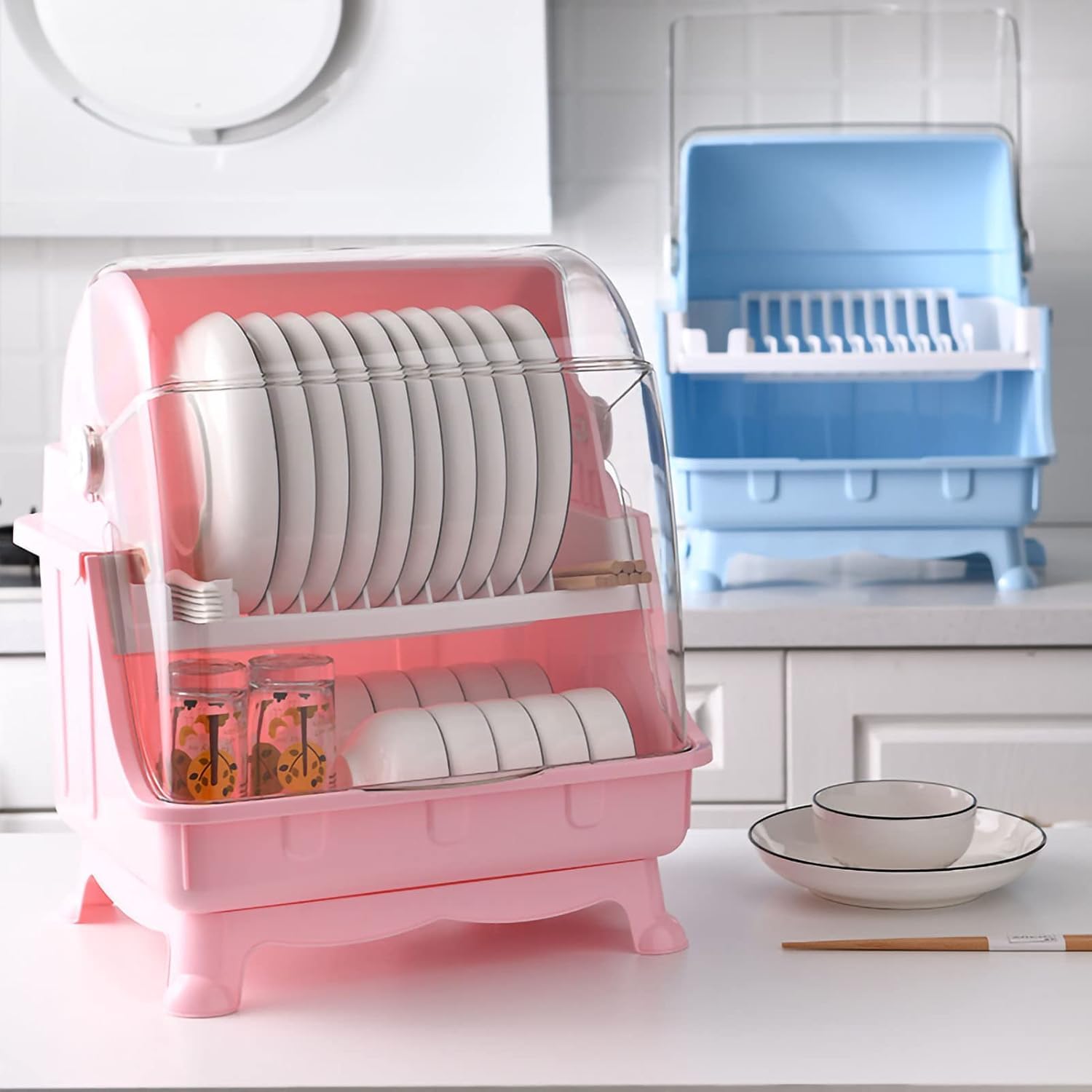 Pilipane Dish Drying Rack, Bottle Dryer Holder with Cover Lid and Removable Drainboard, Utensil and Cup Holder for Kitchen Counter, Dish Dryer Shelf, Medium Size, 16 x 13 x 18.3 Inch (White)