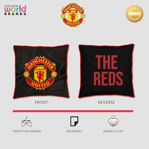 Character World Manchester United FC Official Red Cushion, Super Soft Reversible 2 Sided, Soccer Club Design, Perfect for Any Bedroom, Sofa or on The Bed 16 x 16 Inches